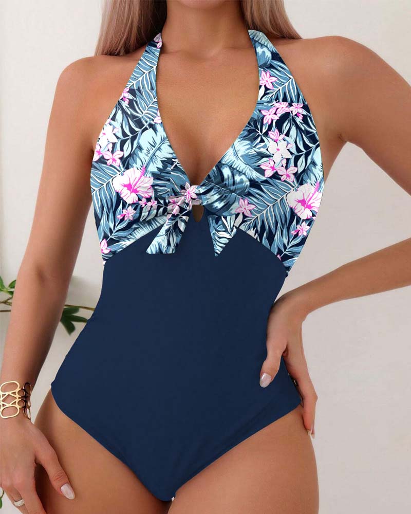 Colorblock Printed Chest Tie One-Piece Swimsuit