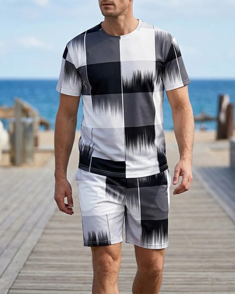 Black and White Gradient Plaid Short Sleeve Set