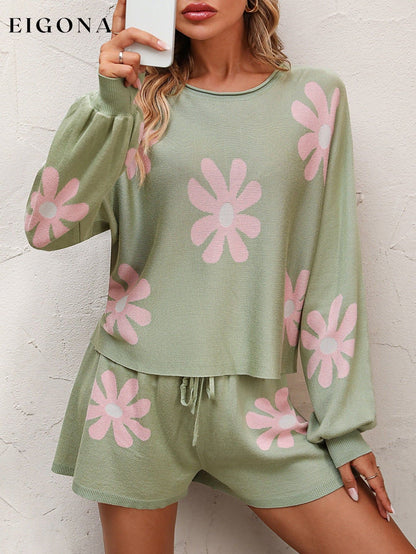 Floral Print Raglan Sleeve Knit Top and Tie Front Sweater Shorts Set Sage clothes lounge lounge wear loungewear Mandy sets Ship From Overseas trend