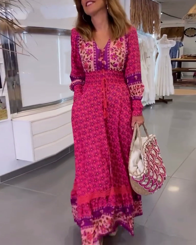 V-Neck Long-Sleeved Elegant Printed Dress