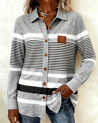 Lapel Contrast Casual Striped Blouse