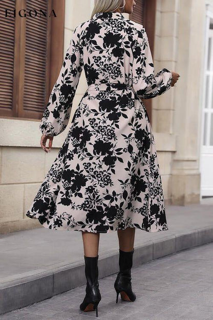 Floral Balloon Sleeve Tied Long Sleeve Casual Midi Dress casual dresses clothes dress dresses Hundredth long sleeve dress long sleeve dresses Ship From Overseas