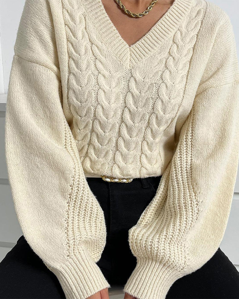 V-Neck Solid Color Cable Knit Pullover