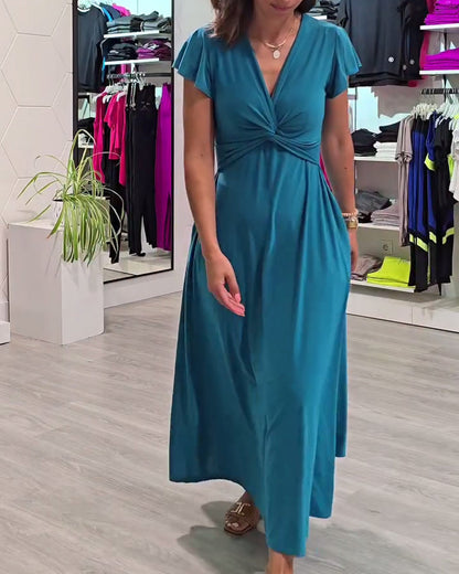 Short-Sleeved Solid Color Twisted Temperament Dress