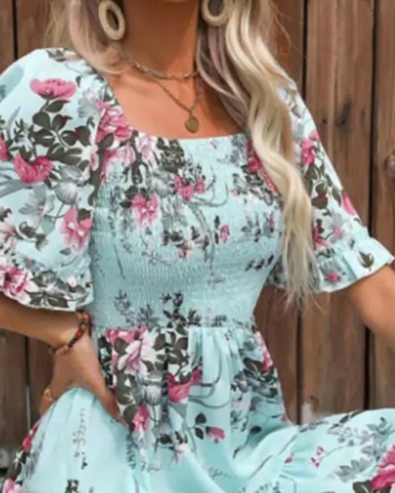 Square Neck Floral Waist A-Line Dress