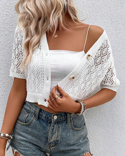 Button-Front Solid Color Hollow-Out Cardigan