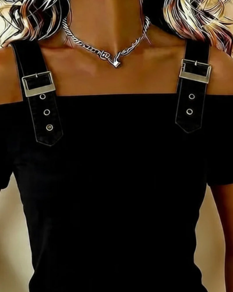 Slider buckle Off-Shoulder Solid Color Relaxed T-Shirt