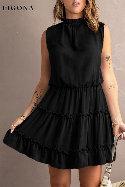 Tie Neck Frill Trim Sleeveless Mini Dress Black clothes dress dresses mini dress Ship From Overseas SYNZ