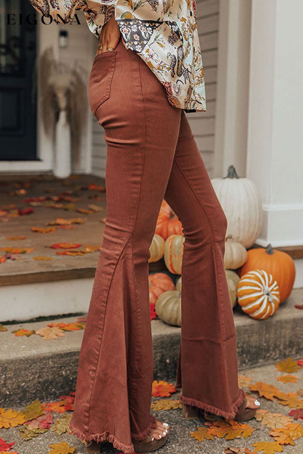 High Waist Raw Hem Flare Jeans All In Stock Best Sellers bottoms clothes Color Orange Day Halloween Fabric Denim high waisted pants Occasion Daily Print Solid Color Season Fall & Autumn Silhouette Flare Style Western