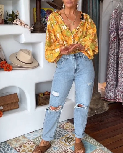 V-neck floral print blouse