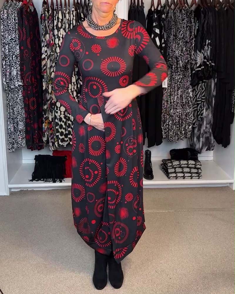 Vintage printed round neck long sleeve slit dress 2024 f/w casual dresses