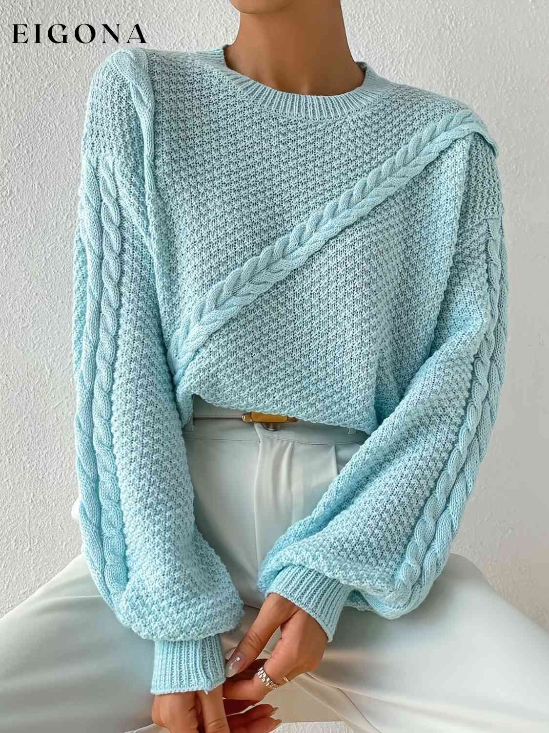 Round Neck Dropped Shoulder Sweater Pastel Blue clothes M@Z@L Ship From Overseas