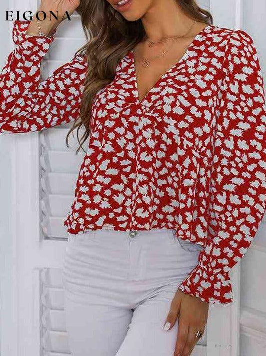 Printed V-Neck Flounce Sleeve Blouse Deep Red clothes HS long sleeve long sleeve shirts long sleeve top Ship From Overseas shirt shirts
