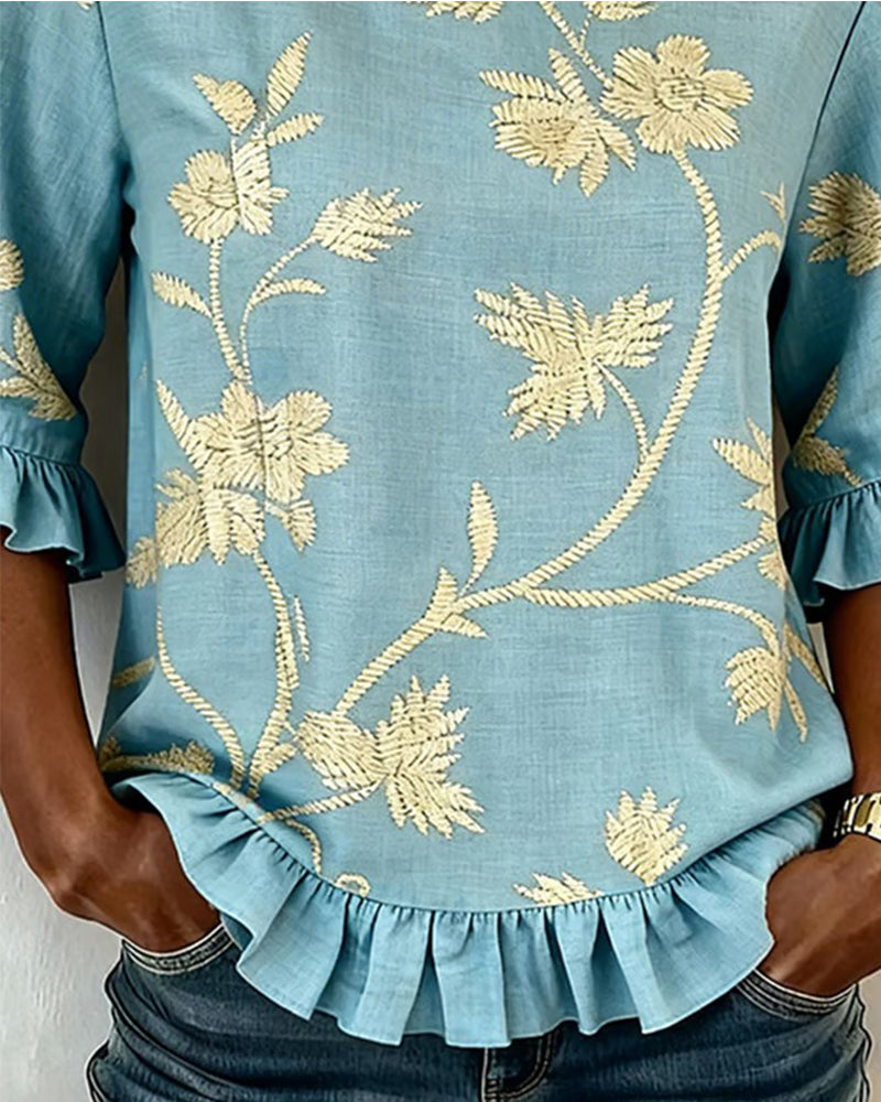 Jasmine Ruffle Round Neck Mid-Sleeve Blouse