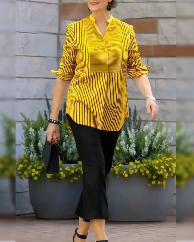 Striped Stand Collar Loose Blouse
