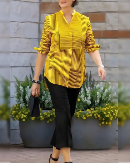 Striped Stand Collar Loose Blouse