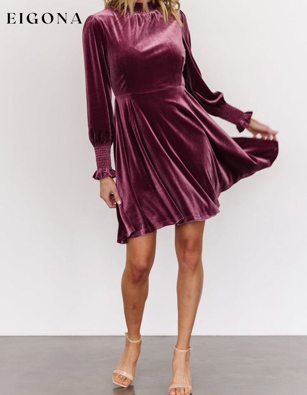 Burgundy Long Sleeve Dress, Smocked High Neck Flounce Sleeve Velvet Dress All In Stock casual dresses clothes Color Pink Day Valentine's Day dress dresses EDM Monthly Recomend Fabric Velvet long sleeve dress long sleeve dresses Occasion Daily Print Solid Color Season Winter short dresses Silhouette A-Line Style Southern Belle