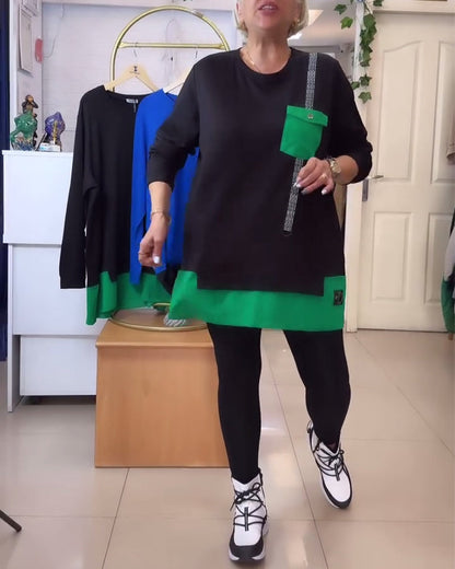 Lässiges Sweatshirt mit Rundhalsausschnitt und Tasche in Kontrastfarbe