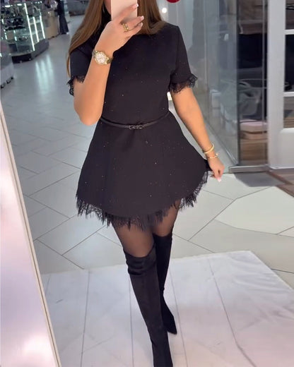 Sparkling Lace Short-Sleeve A-Line Dress