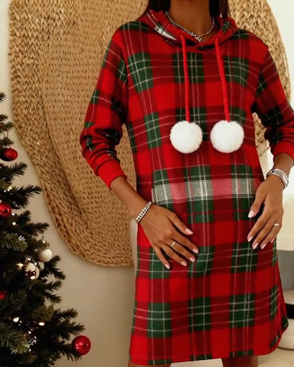 Hooded Pom-Pom Plaid Dress