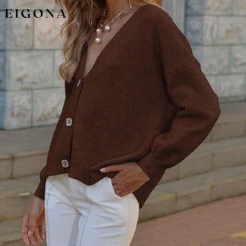 Button Up V-Neck Long Sleeve Sweater Cardigan Chestnut cardigan cardigans clothes Romantichut Ship From Overseas sweater sweaters Sweatshirt