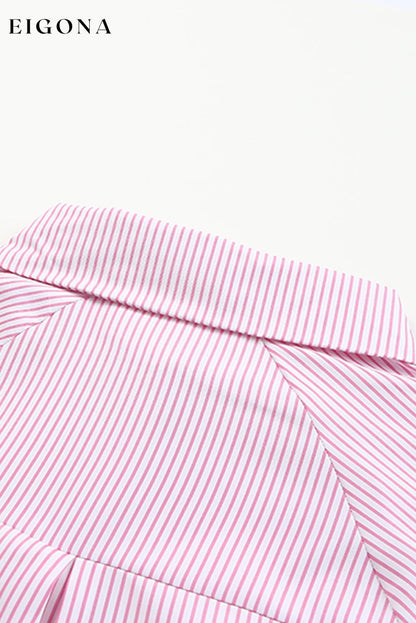 Pink Smocked Cuffed Striped Boyfriend Shirt with Pocket All In Stock button down womens clothes Color Pink Craft Smocked DL Exclusive Early Fall Collection long sleeve shirts long sleeve top Occasion Daily Print Stripe Season Spring Stripe tops Style Modern tops