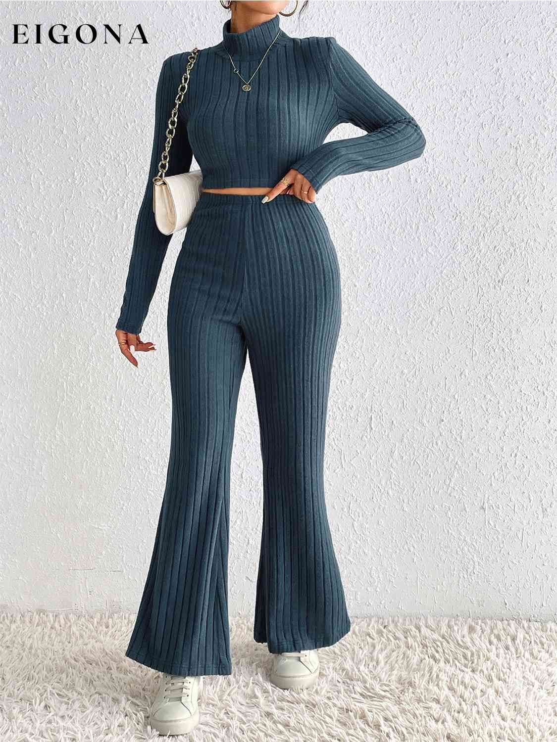 Ribbed Mock Neck Cropped Sweater & High Waist Pants Set clothes HS Ship From Overseas