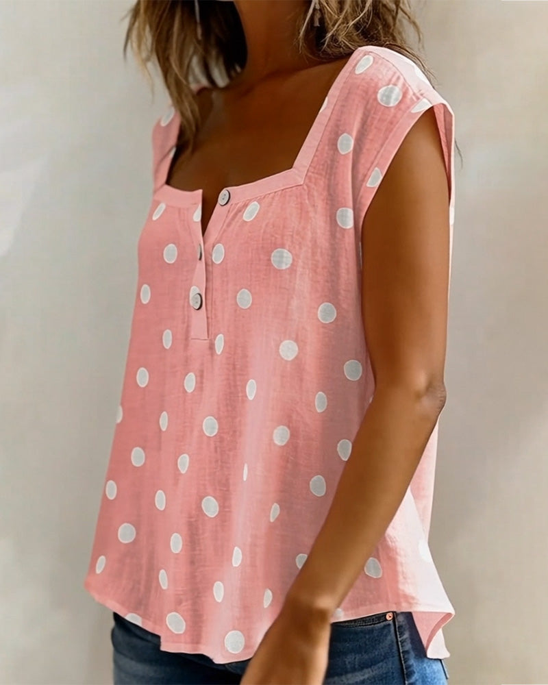 Square Neck Polka Dot Short Sleeve T-Shirt