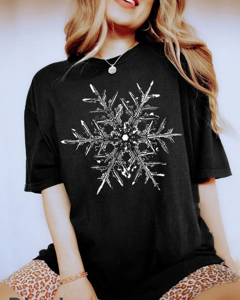 Simple Snowflake Print Round Neck Casual T-shirt 2024 f/w christmas summer t-shirts