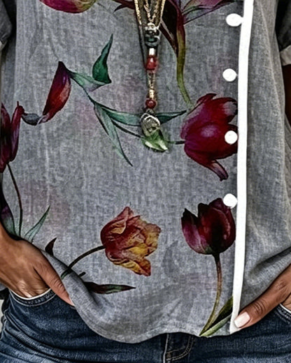 Tulip Print Side-Button Blouse