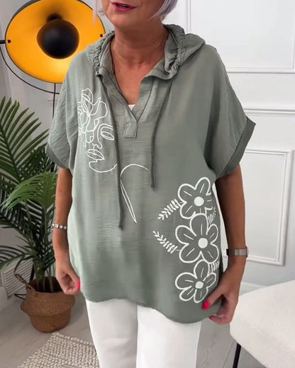 Casual floral print hooded short-sleeve blouse 202466 blouses & shirts summer