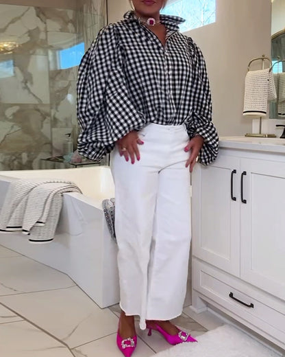 Casual Lantern Sleeve Plaid Shirt