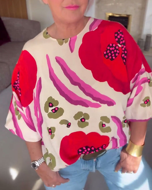 Round neck printed half-sleeve casual top blouses & shirts spring summer