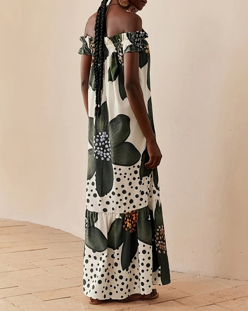 One Shoulder Polka Dot Floral Maxi Dress