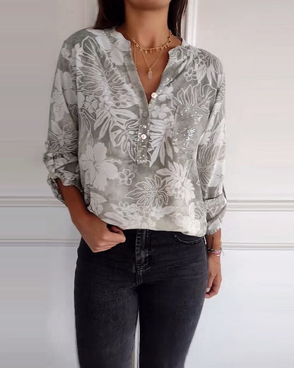 Top con stampa di foglie in patchwork di paillettes