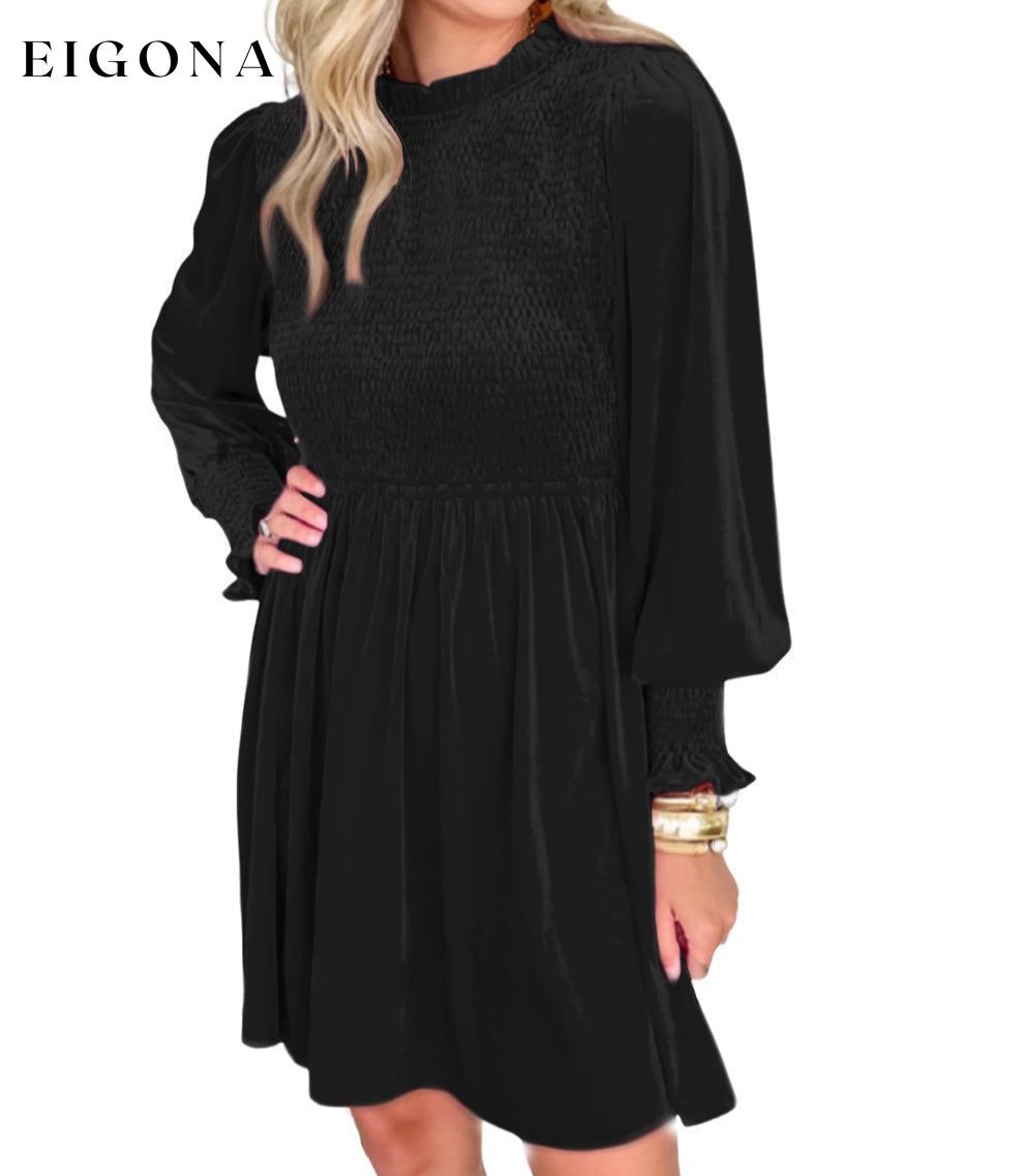 Black Frilled Neck Smocked Bodice Velvet Dress All In Stock casual dress casual dresses clothes Detail Ruffle dress dresses Fabric Velvet Hot picks long sleeve dress long sleeve dresses Occasion Daily Print Solid Color Season Winter short dresses Style Southern Belle