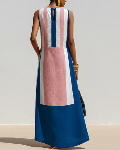 Crew Neck Color Block Vertical Stripe Sleeveless Dress