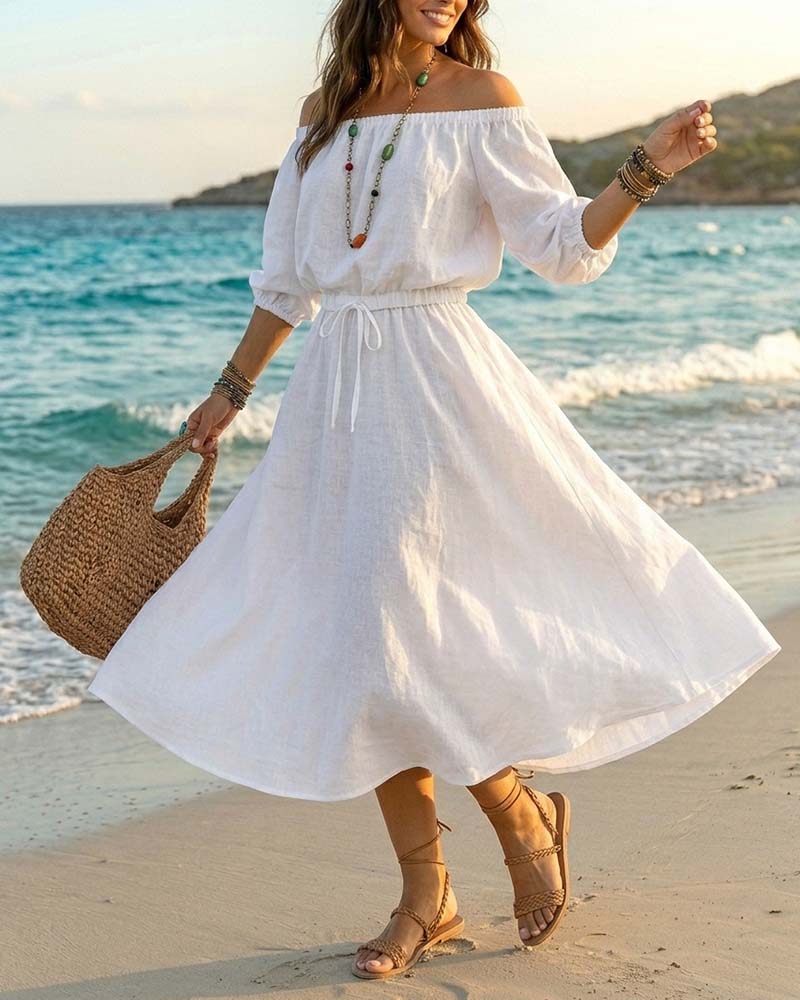 Off-Shoulder Lace-Up Waist Dress