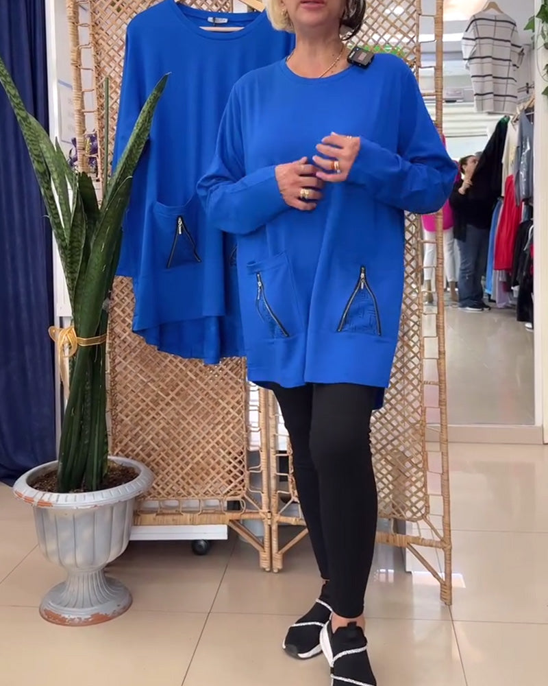 Felpa con scollo tondo e tasca con cerniera tinta unita