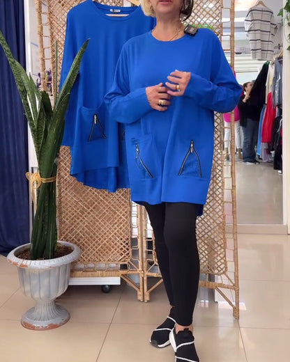 Felpa con scollo tondo e tasca con cerniera tinta unita