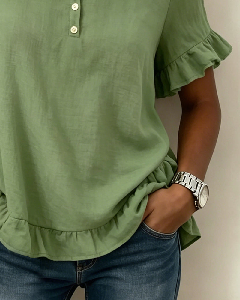 Lapel Half Placket Ruffle Sleeve Blouse