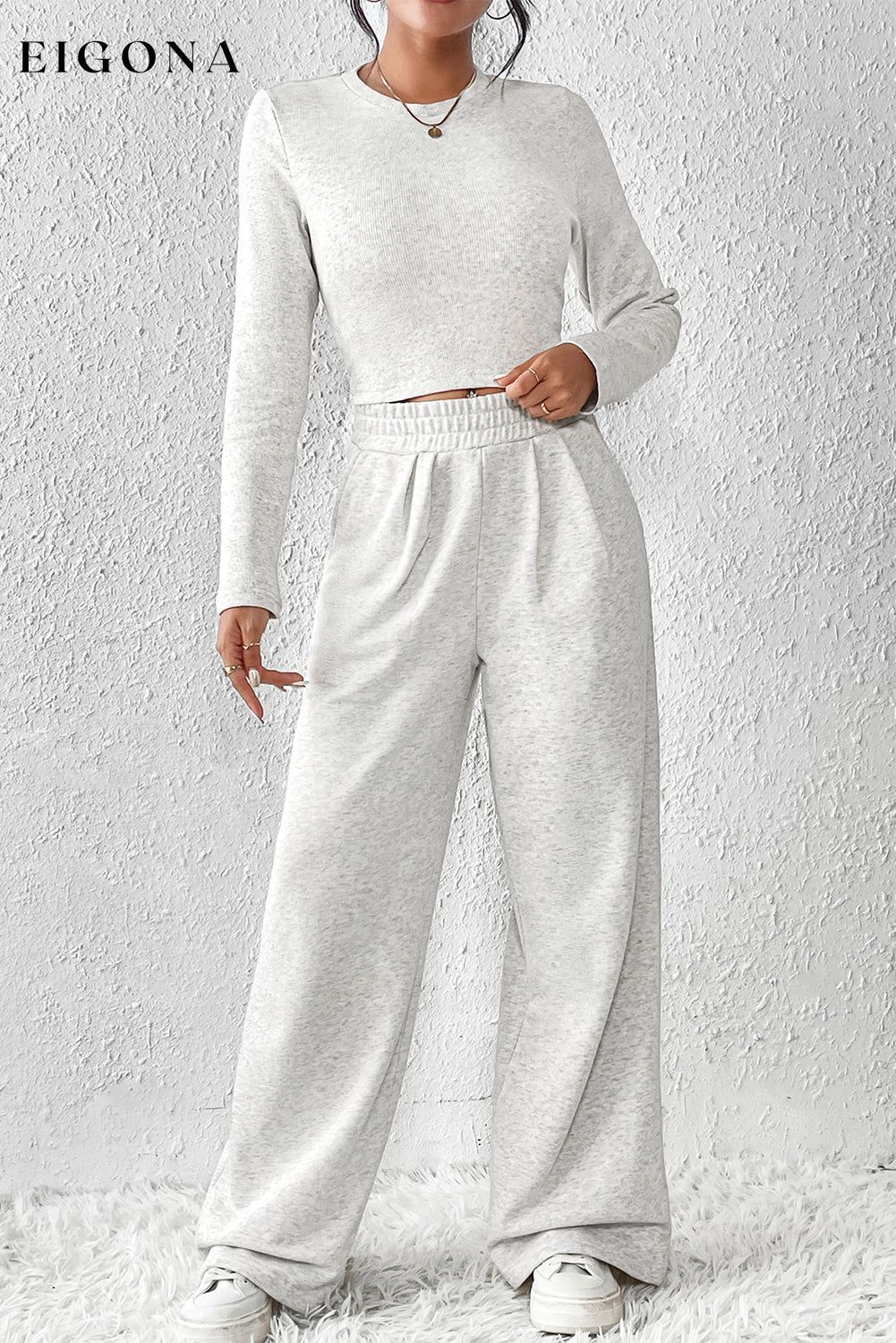 Beige Crop Top and Wide Leg Pants Two Piece Set All In Stock clothes EDM Monthly Recomend Hot picks lounge lounge wear lounge wear sets loungewear loungewear sets Occasion Daily Print Solid Color Season Winter sets Silhouette Wide Leg Style Casual