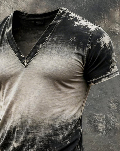 Retro Men's Top With A Used Look, Color Block Design, V-Neck And Short Sleeves
