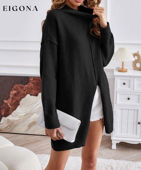 Exposed Seam Mock Neck Slit Sweater Black clothes SF Knit Ship From Overseas Sweater sweaters