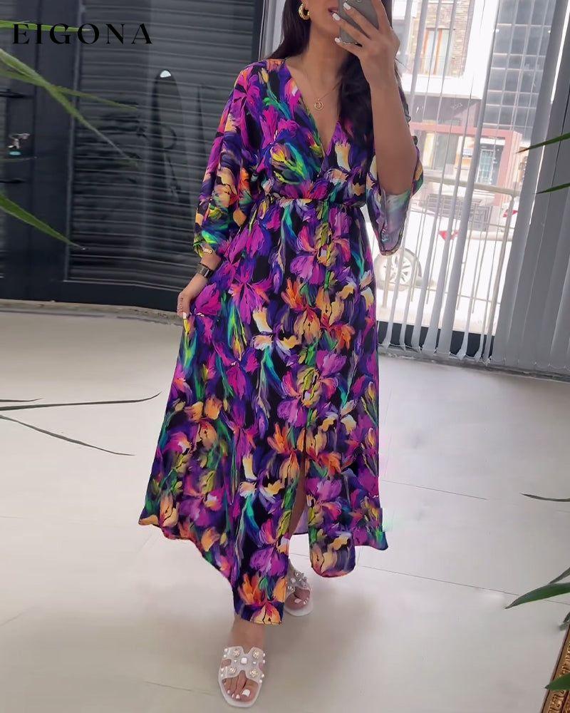 Colorful floral print V-neck slit long dress casual dresses spring summer vacation dresses