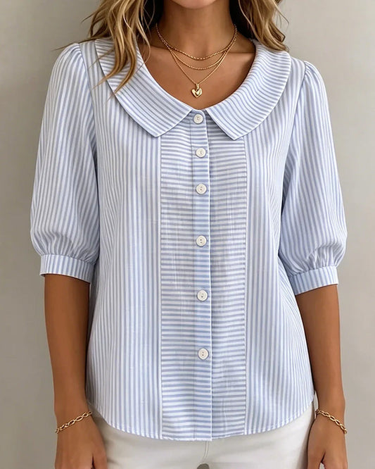 Peter Pan Collar Lantern Sleeve Striped Blouse blouses & shirts spring summer