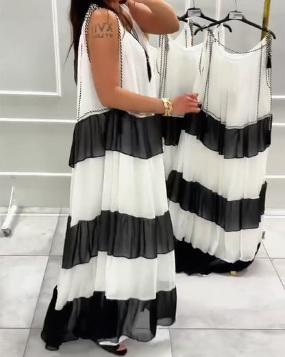 Round Neck Sleeveless Color Block Dress