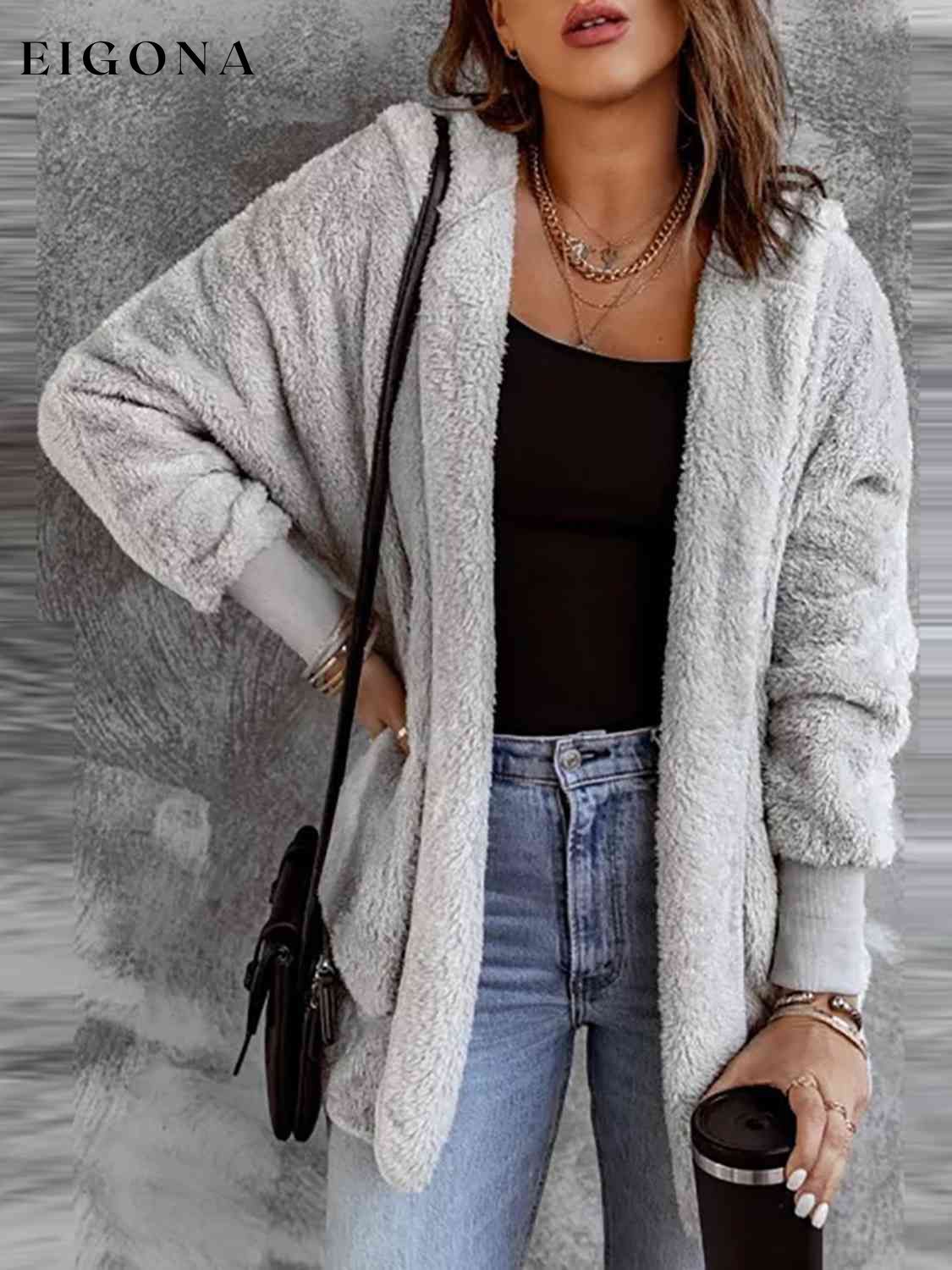 Open Front Hooded Faux Fur Outwear with Pockets Light Gray clothes Ship From Overseas Y@S@M