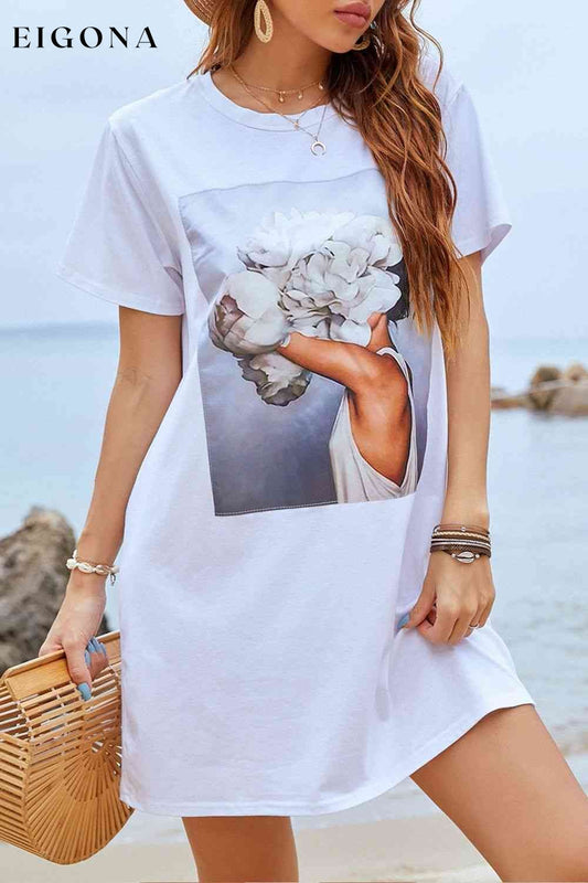 Round Neck Short Sleeve T-Shirt Dress White clothes N.X.Y Ship From Overseas