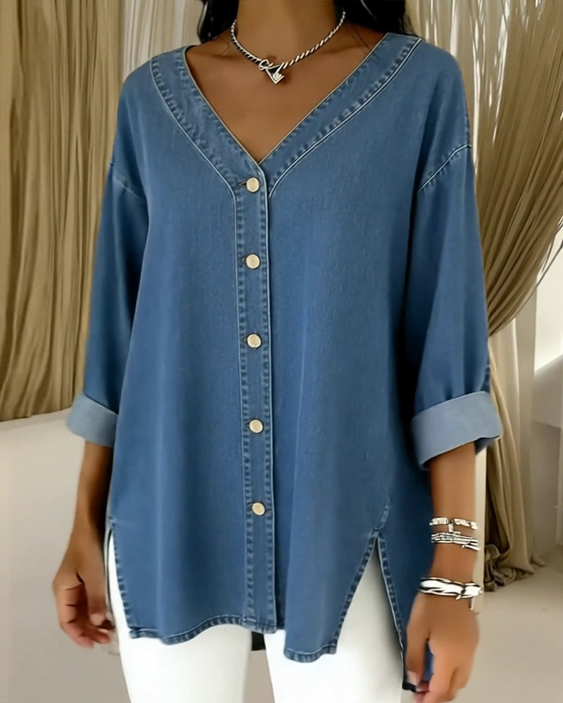 Button-Down V-Neck Denim Long-Sleeved Shirt